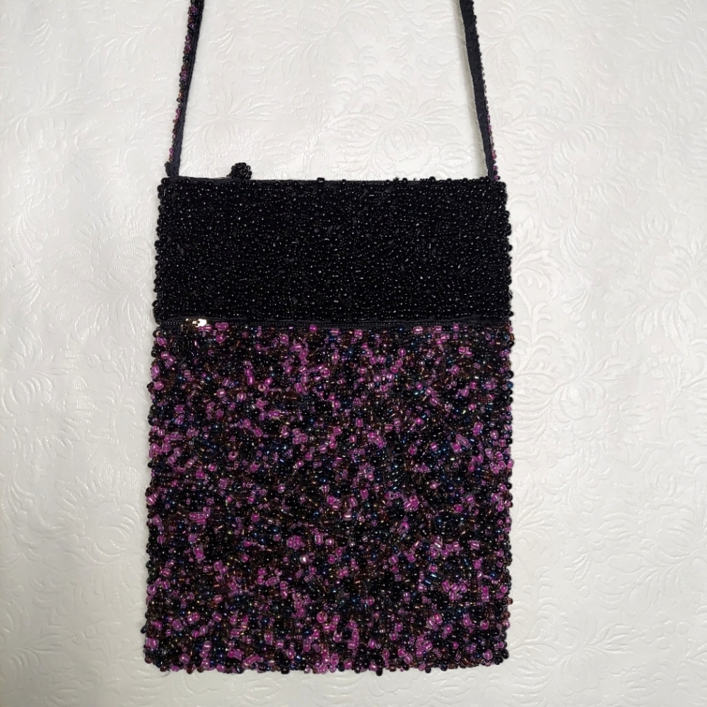 Unbranded Purple/Pink & Black Beaded Shoulder Bag, Purse in Excellent Condition
